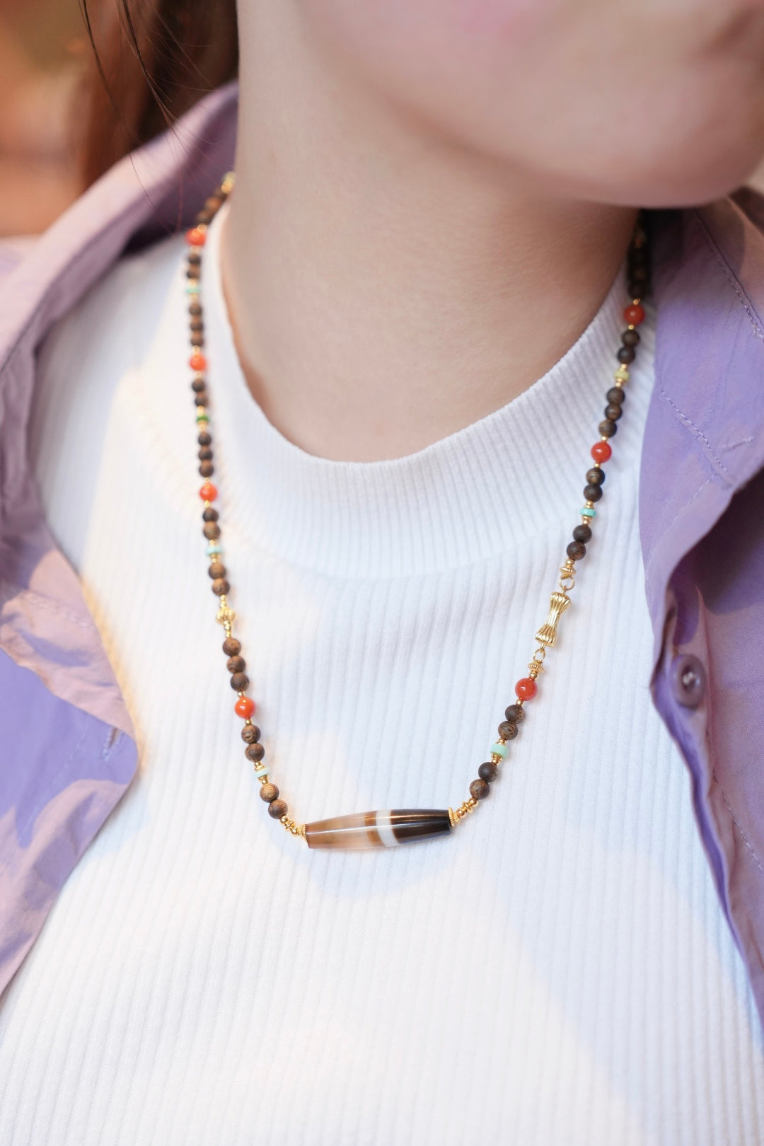 Kynam Agarwood Necklace, South Red Agate, Turquoise & Wound-Silk Agate