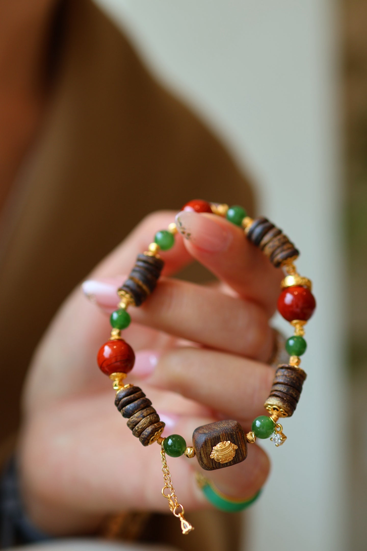 Kynam Agarwood Bracelet, South Red Agate & Green Jade, Treasure Bowl Charm