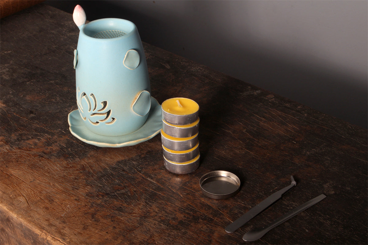 Lotus Ceramic Incense Warmer, Celadon Glaze with Candle Heating