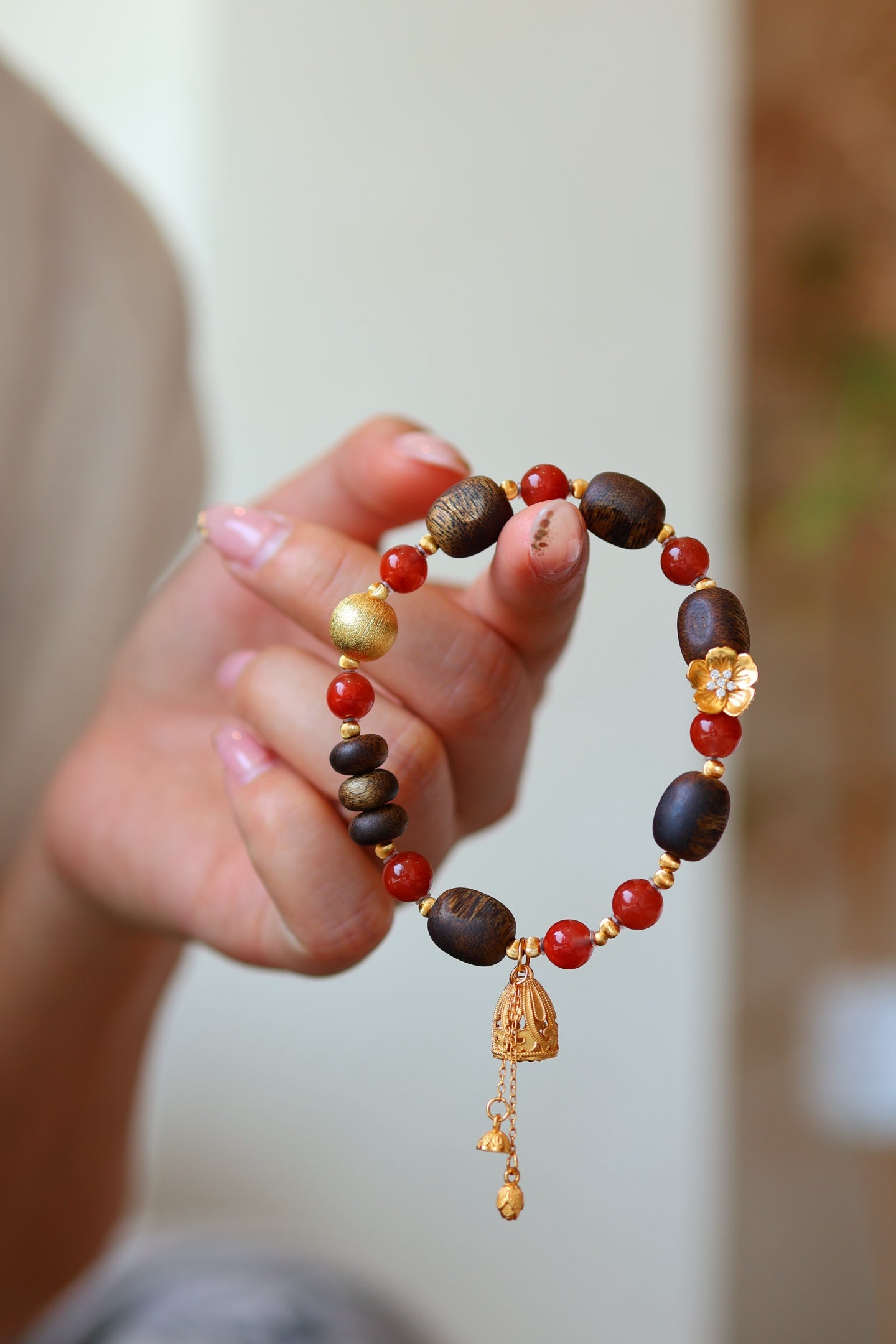 Kynam Agarwood & South Red Agate Bracelet Set, Plum Blossom Charm