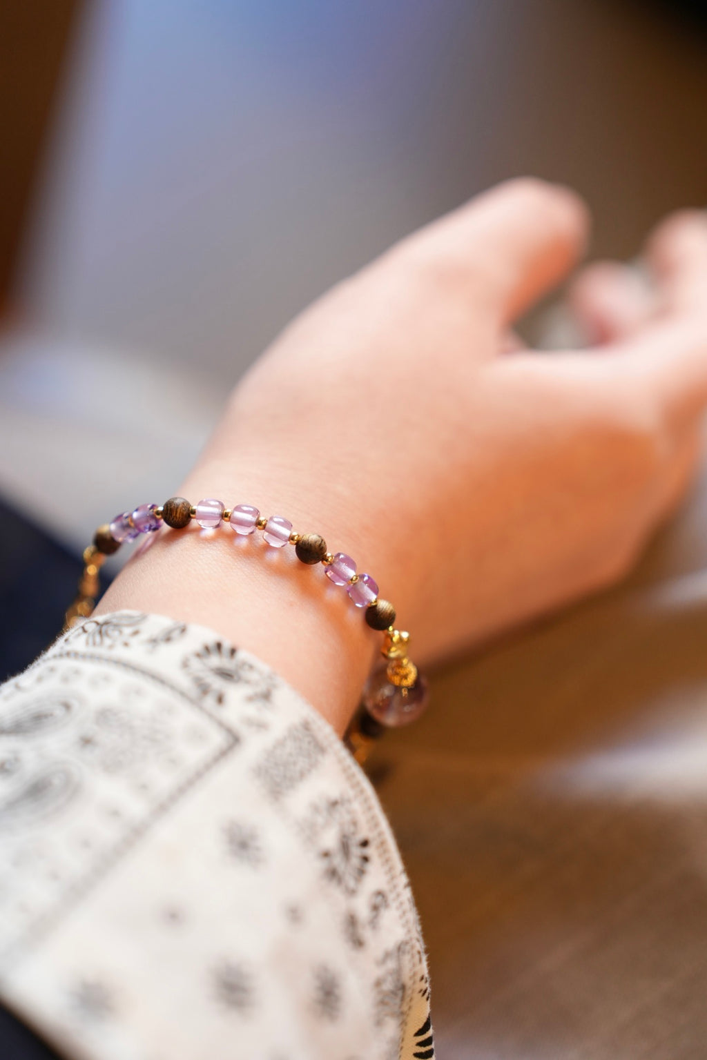 Kynam Agarwood Bracelet, Amethyst, Star Charm, 4mm & 10mm