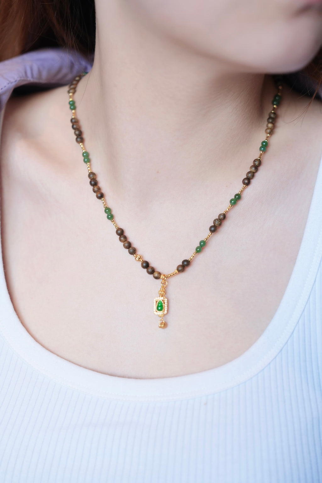 Kynam Agarwood Necklace, Ice-Green Jadeite & Carved Gourd