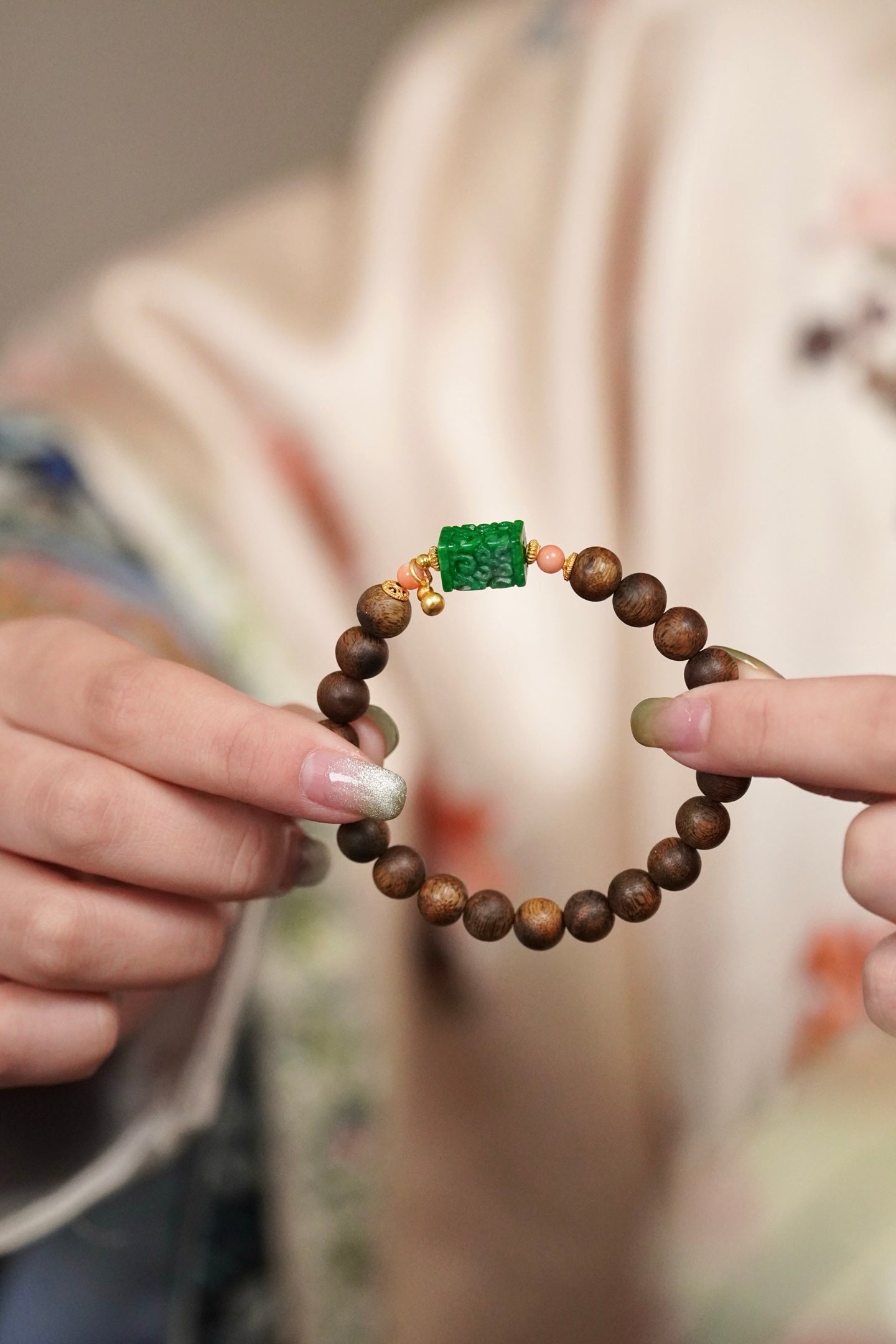 Kynam Agarwood Bracelet, Carved Imperial Green Jade & Pink Coral