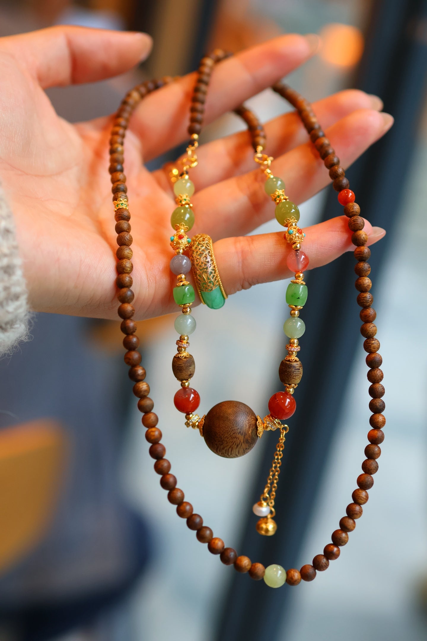 Kynam Agarwood Necklace, Jade, Carnelian, 16mm Focal Bead