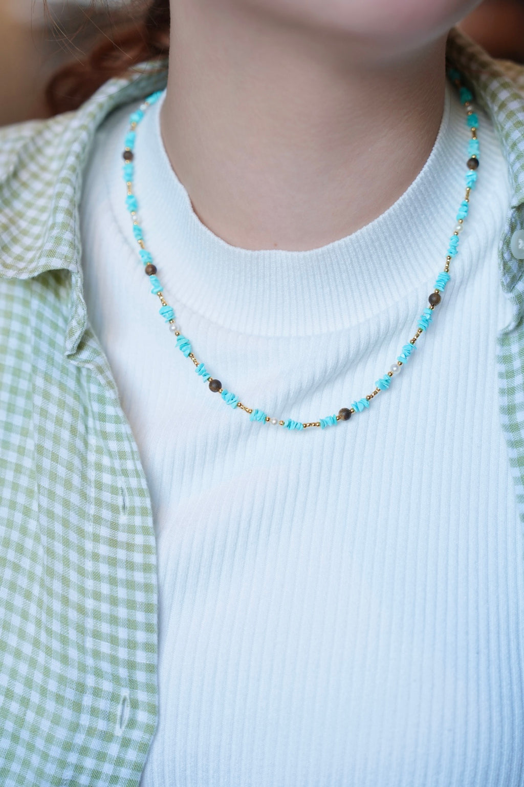 Kynam Agarwood Necklace, Sky-Blue Turquoise & Pearl, Freeform Chips