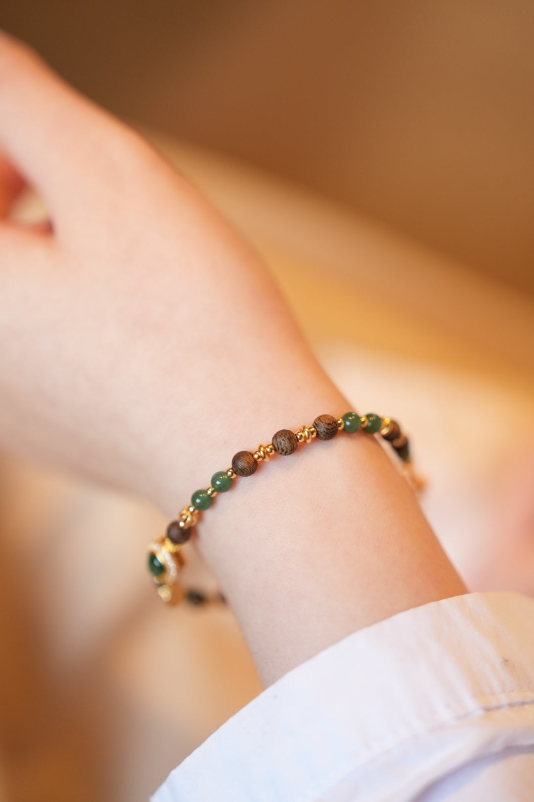 Kynam Agarwood Bracelet, Lake-Water Jadeite & Carved Ruyi, 4-5mm