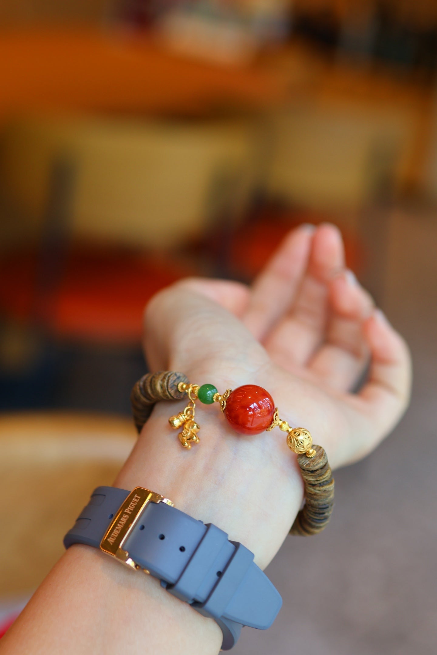 Kynam Agarwood Bracelet, South Red Agate & Jade