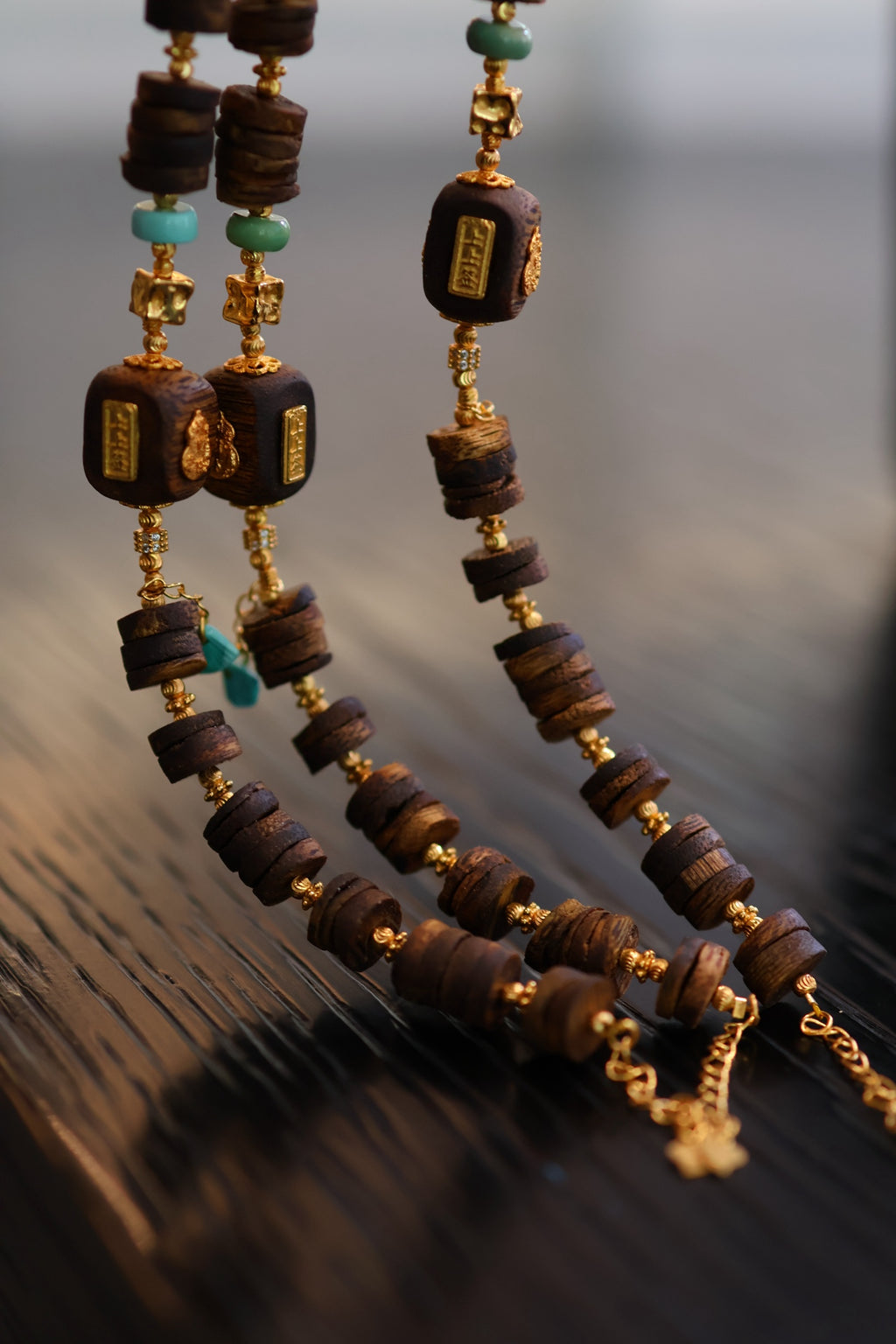 Kynam Agarwood Bracelet, Carved Focal Cube & Sky-Blue Turquoise
