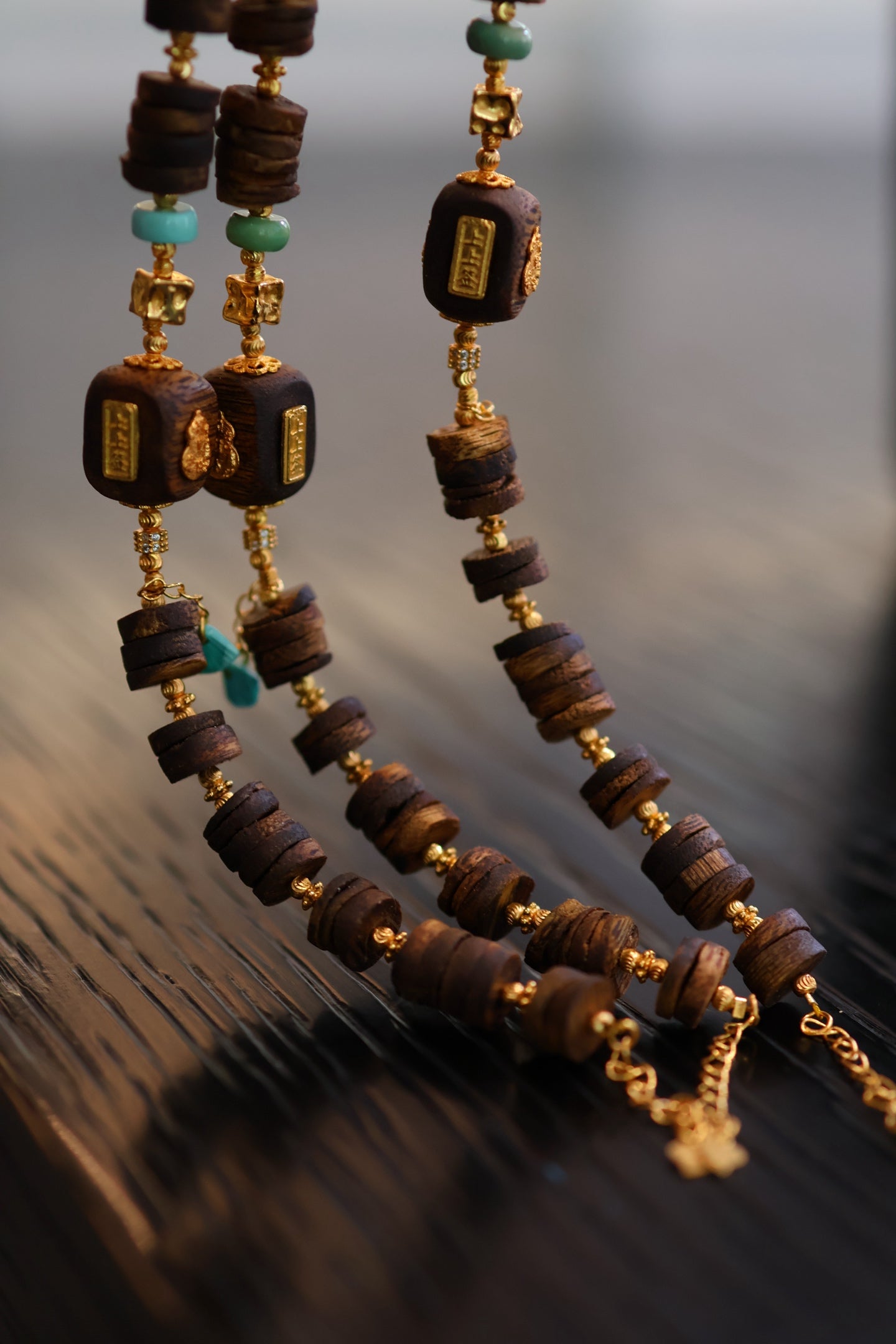 Kynam Agarwood Bracelet, Carved Focal Cube & Sky-Blue Turquoise