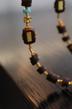 Kynam Agarwood Bracelet, Carved Focal Cube & Sky-Blue Turquoise