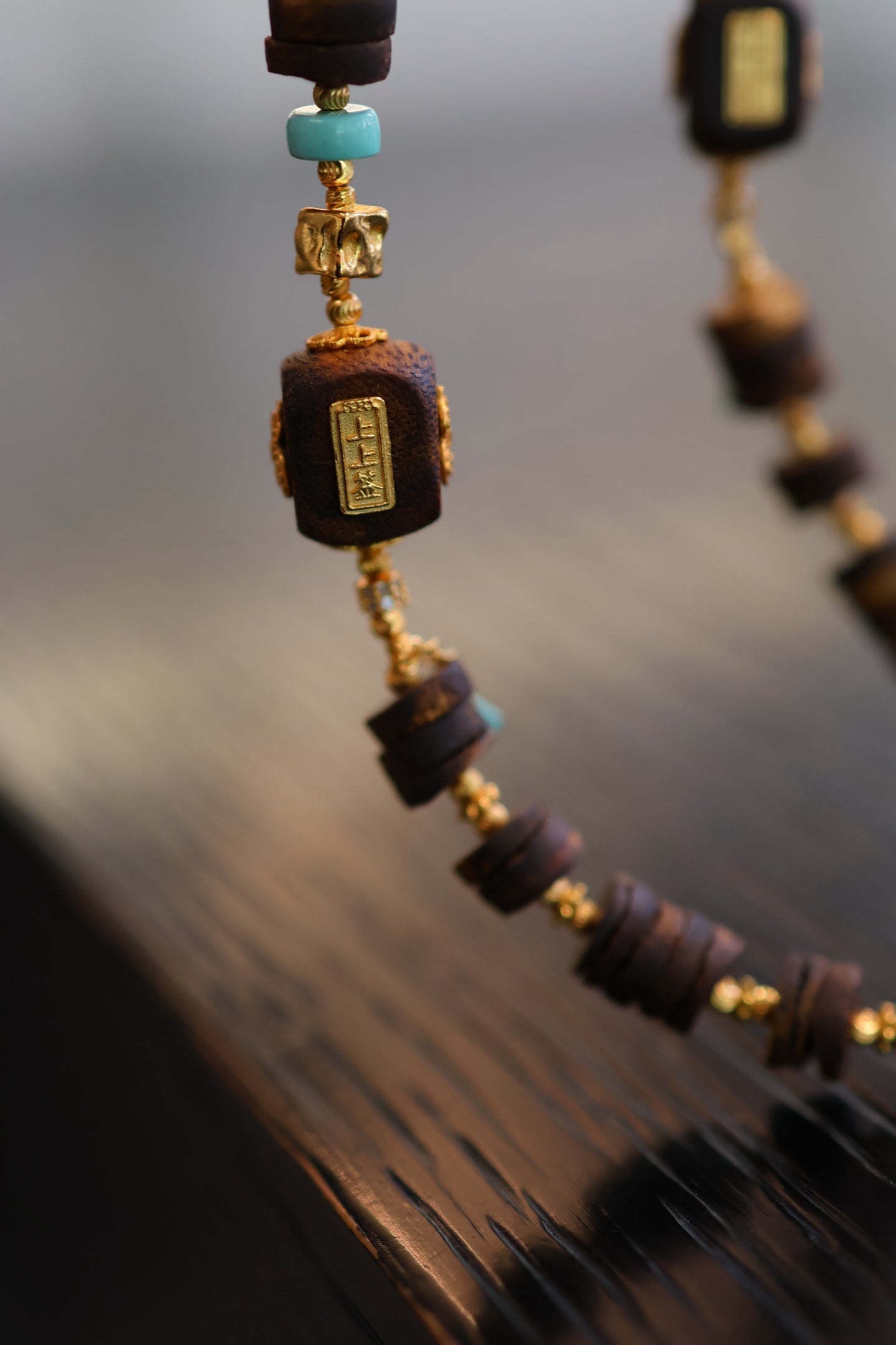 Kynam Agarwood Bracelet, Carved Focal Cube & Sky-Blue Turquoise