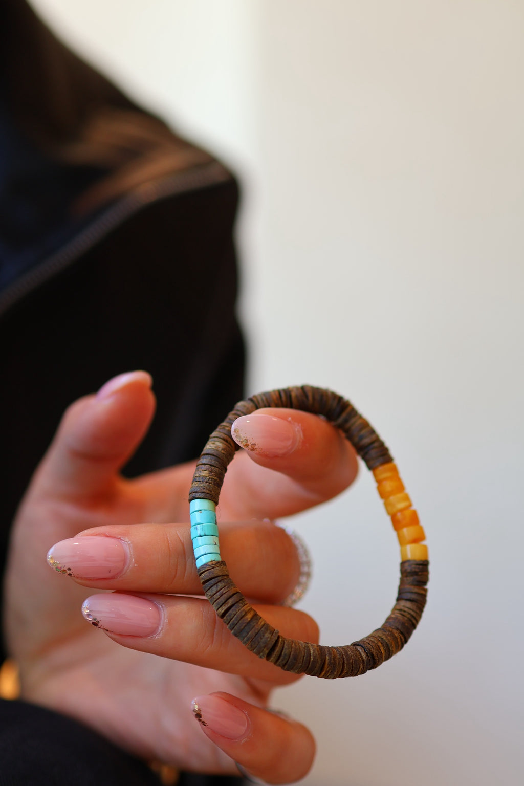 Kynam Agarwood Bracelet, Sky-Blue Turquoise & Beeswax Amber, 6.5mm