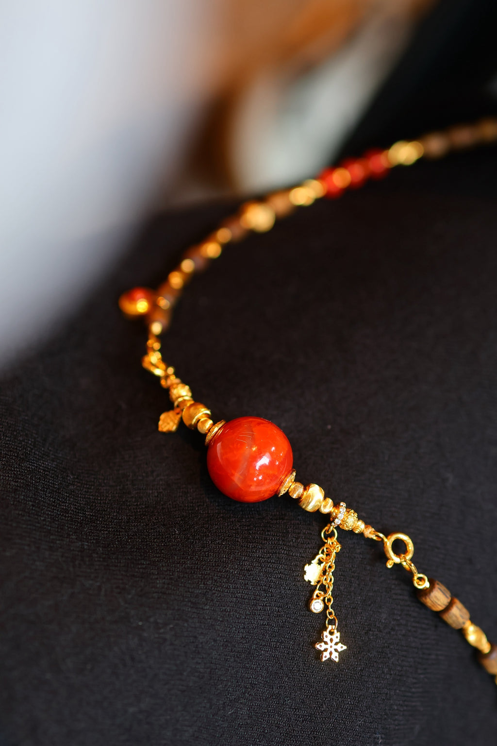 Kynam Agarwood Necklace, South Red Agate, Flame Focal, 56 cm