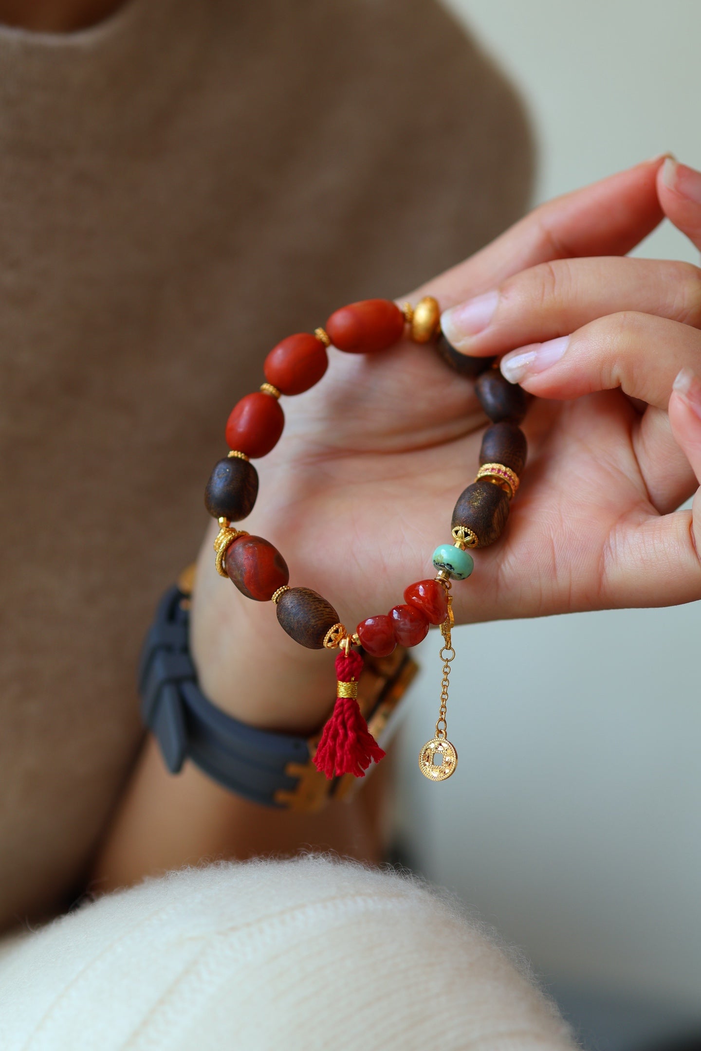 Kynam Agarwood Bracelet, South Red Agate & Turquoise