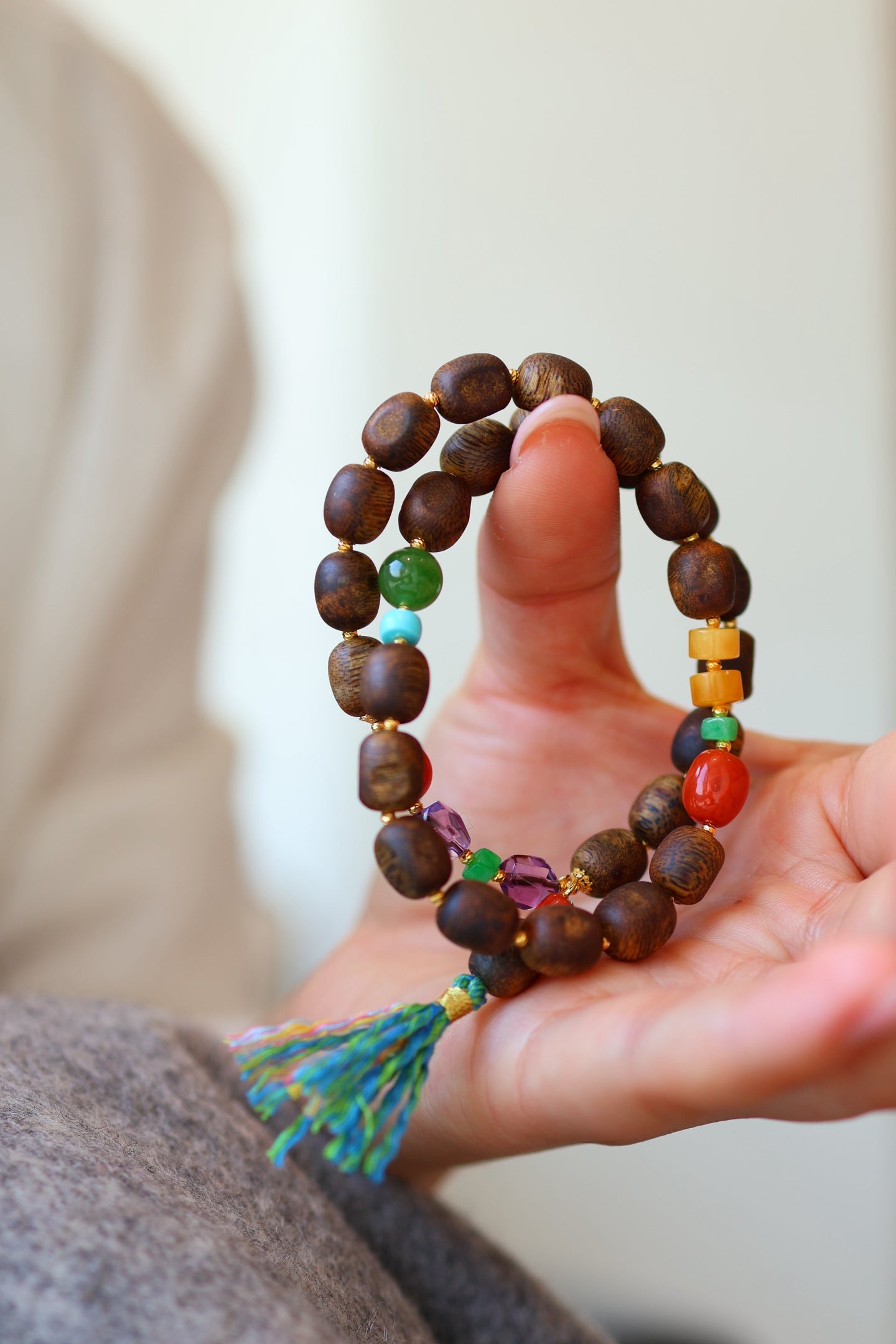Kynam Agarwood Bracelet, Worm-Bore Beads, Five-Stone Accent & Tassel