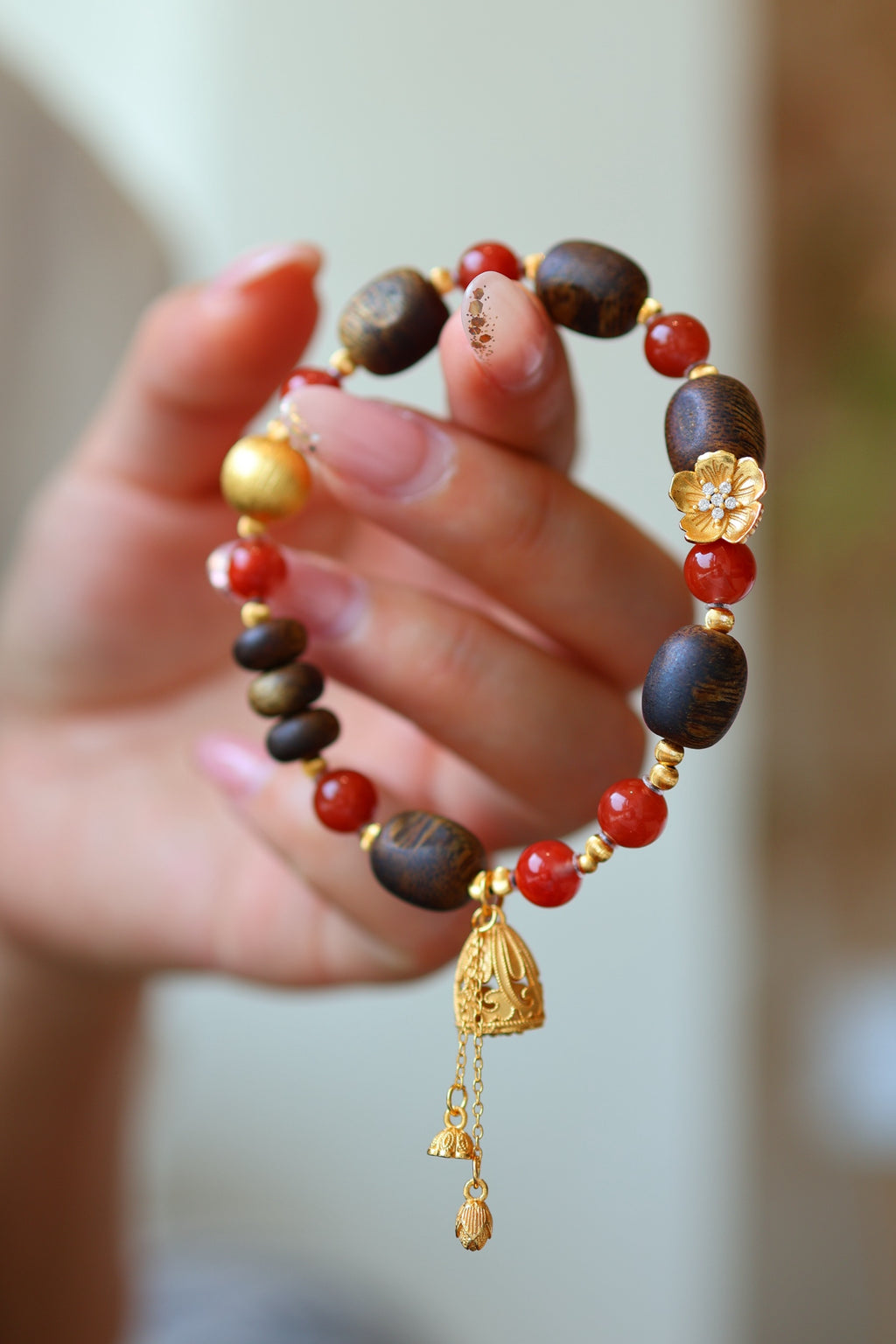 Kynam Agarwood & South Red Agate Bracelet Set, Plum Blossom Charm