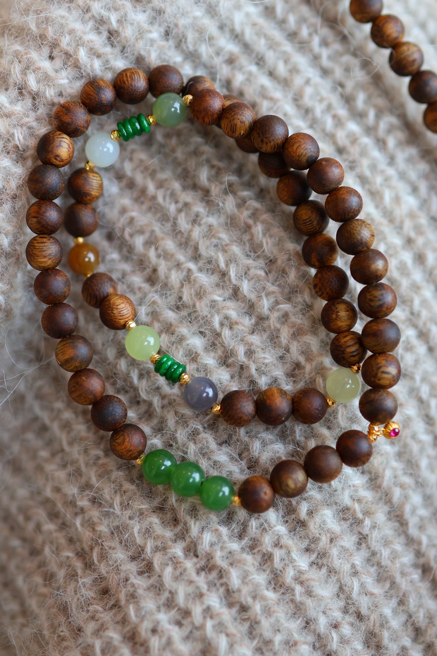 Kynam Agarwood Wrap Bracelet, Jadeite Accents, 6mm