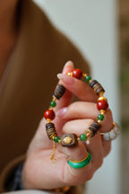 Kynam Agarwood Bracelet, South Red Agate & Green Jade, Treasure Bowl Charm
