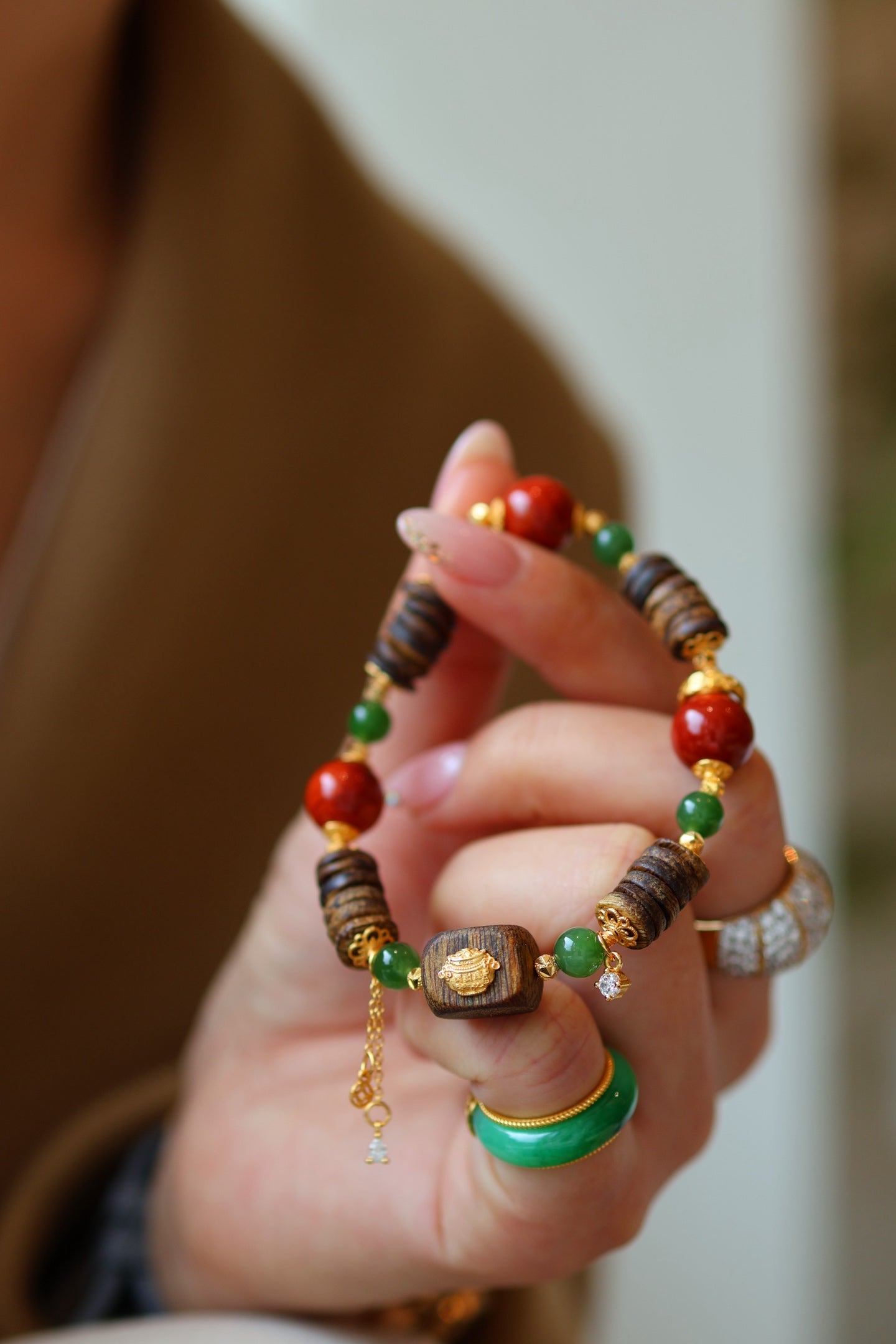 Kynam Agarwood Bracelet, South Red Agate & Green Jade, Treasure Bowl Charm