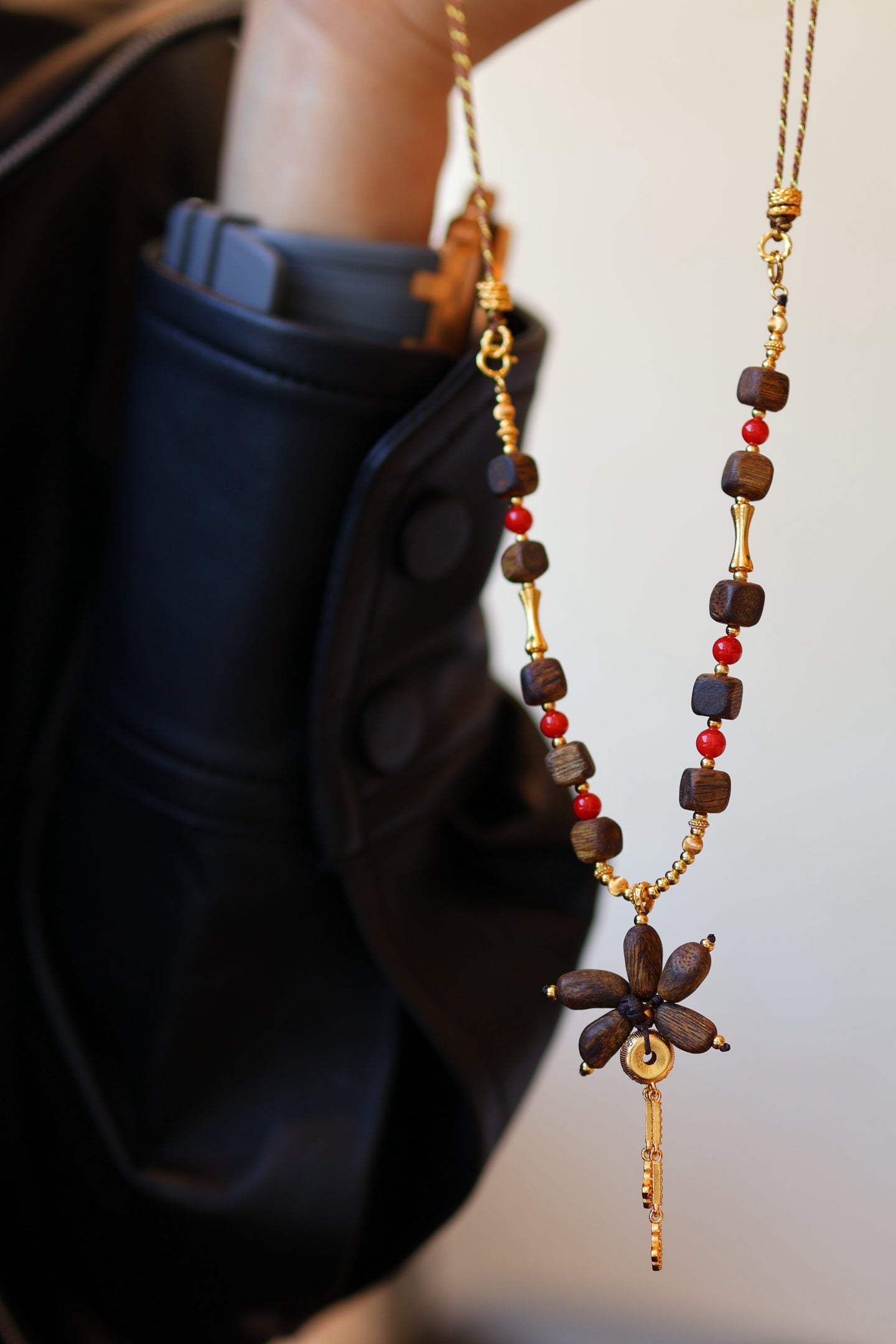 Kynam Agarwood Necklace, Red Coral & Flower Pendant, Handmade Cord