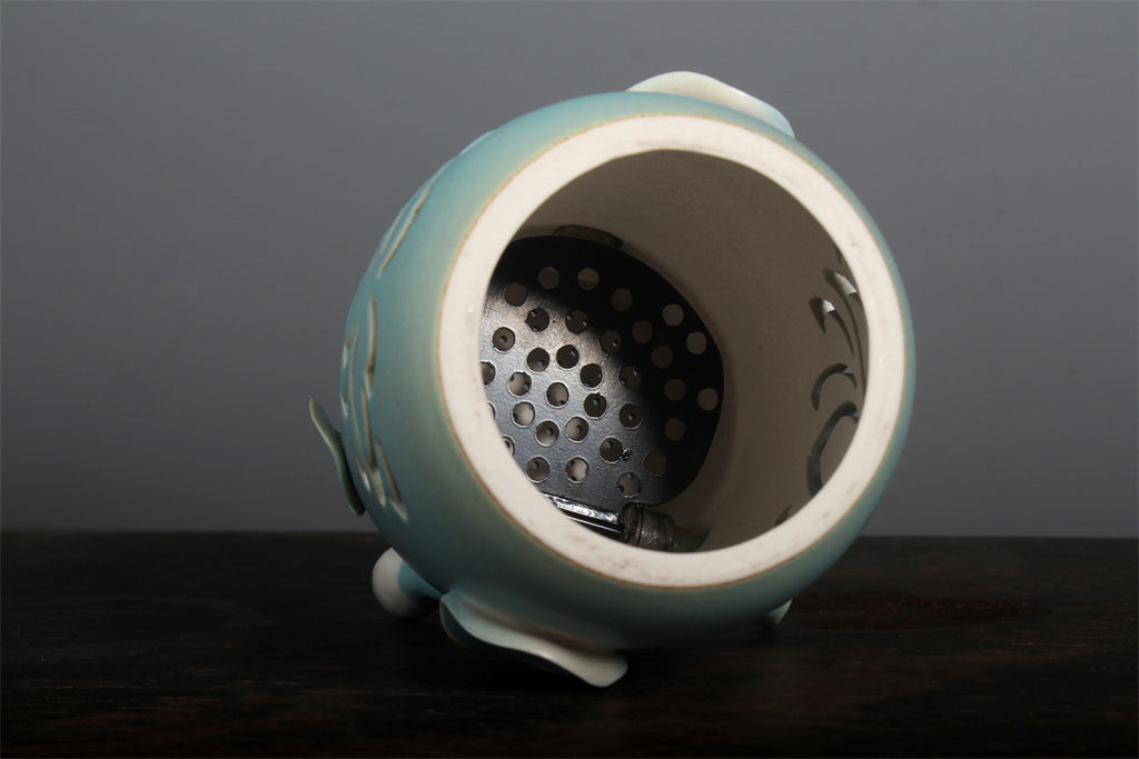 Lotus Ceramic Incense Warmer, Celadon Glaze with Candle Heating
