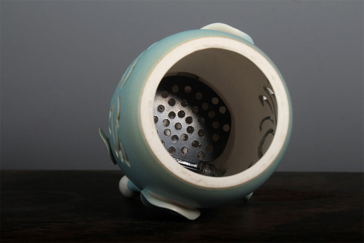 Lotus Ceramic Incense Warmer, Celadon Glaze with Candle Heating