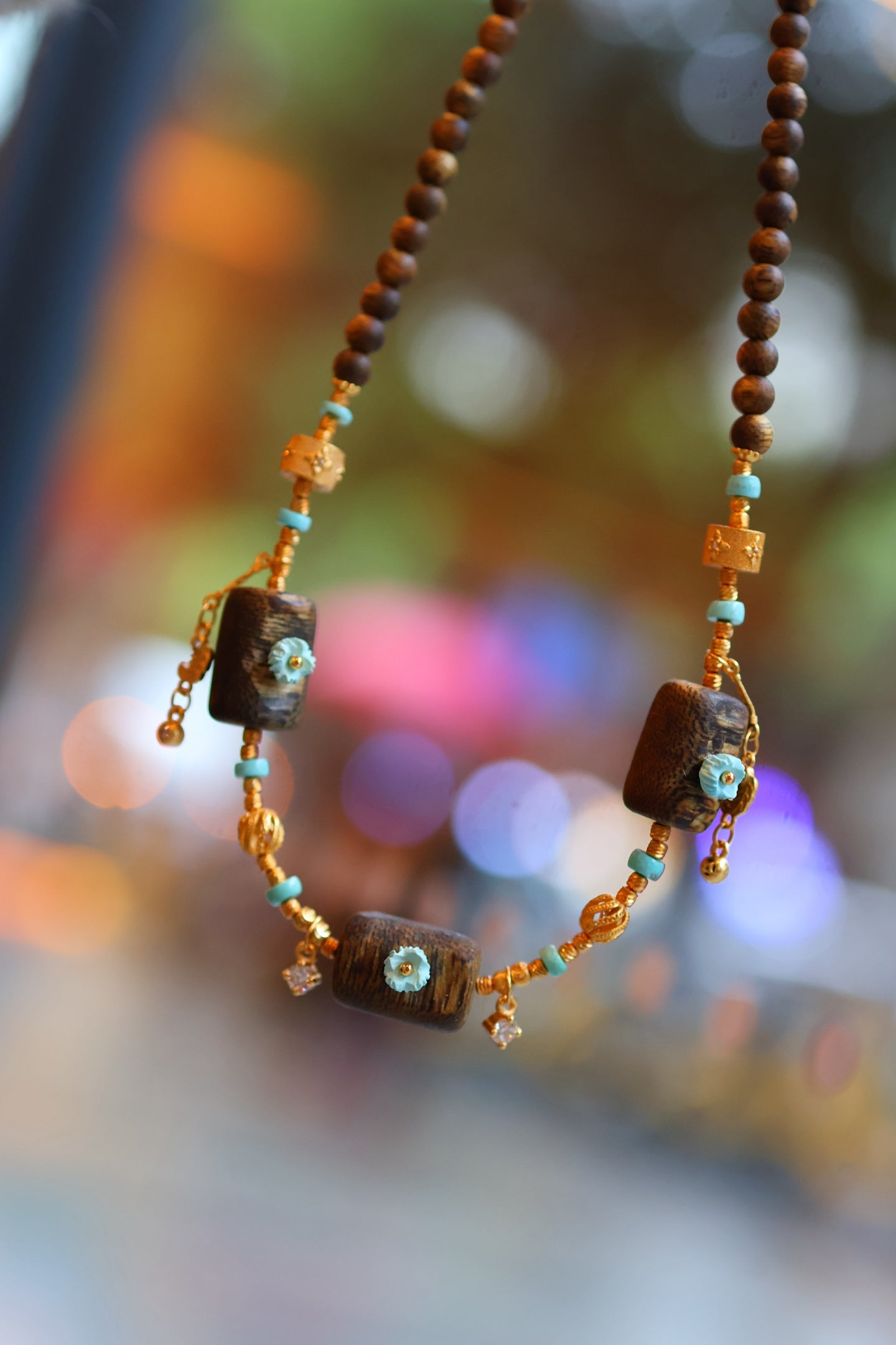 Kynam Agarwood Necklace, Sky-Blue Turquoise & Carved Flower Drops, 4.5mm, 45cm