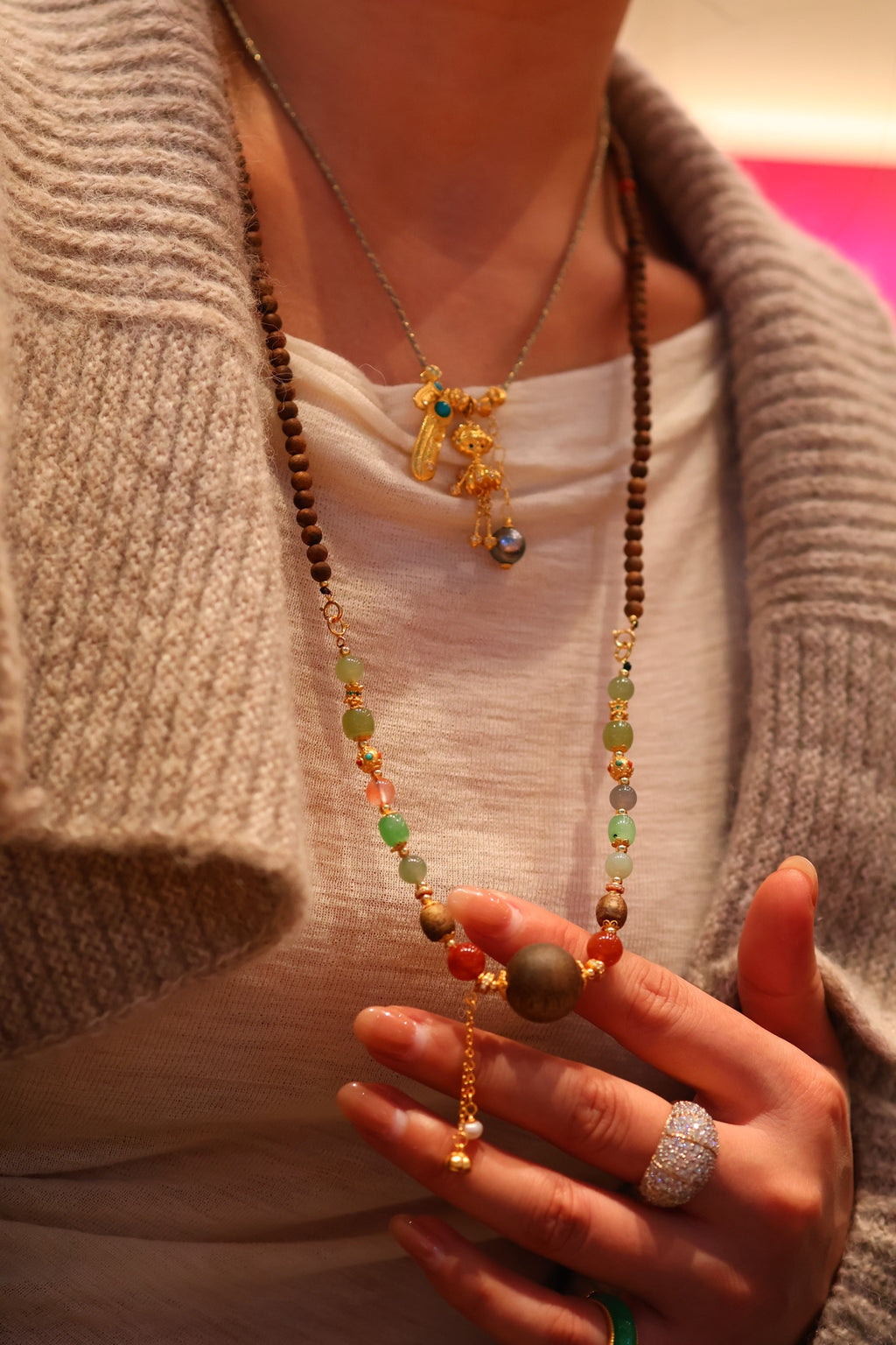 Kynam Agarwood Necklace, Jade, Carnelian, 16mm Focal Bead