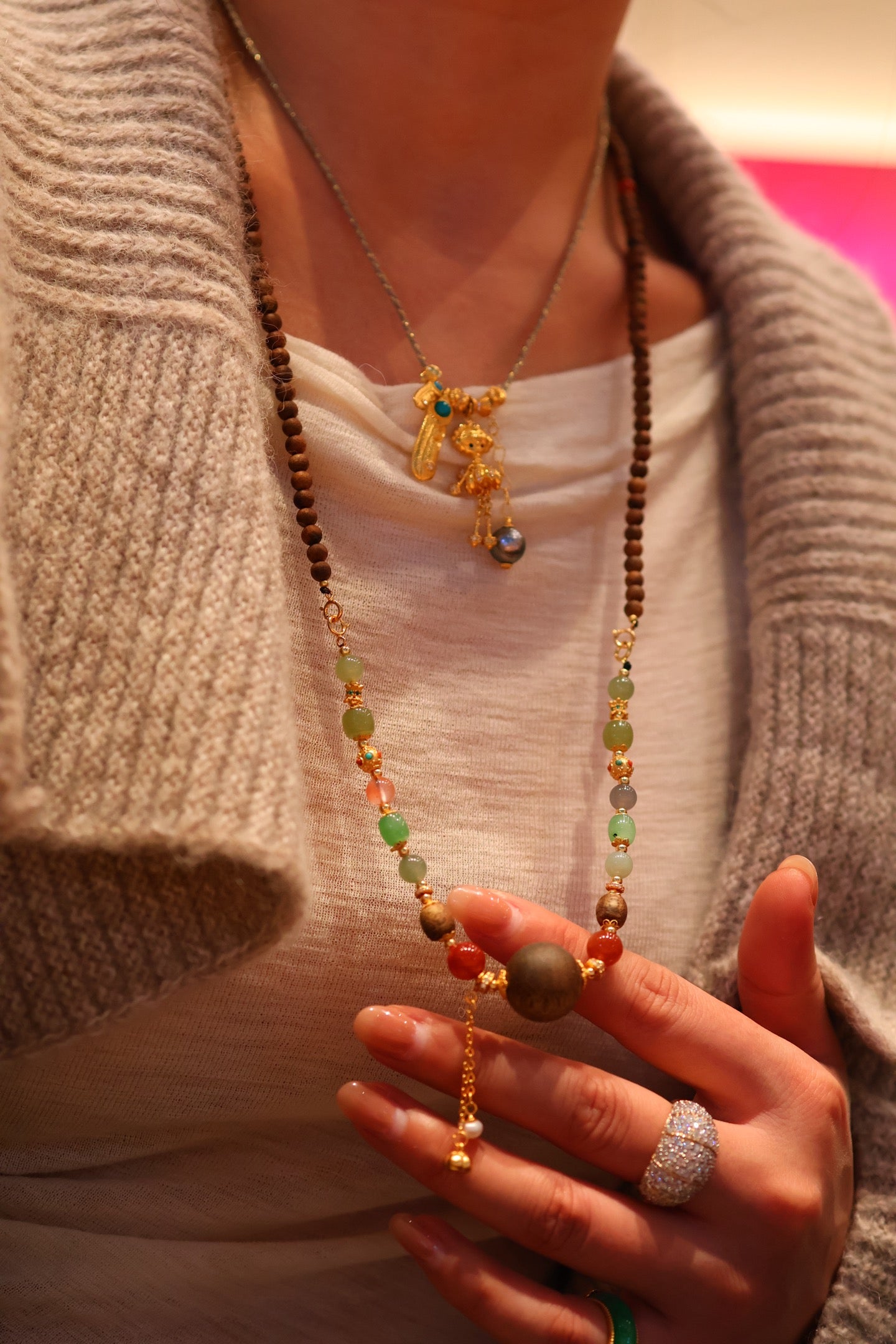 Kynam Agarwood Necklace, Jade, Carnelian, 16mm Focal Bead