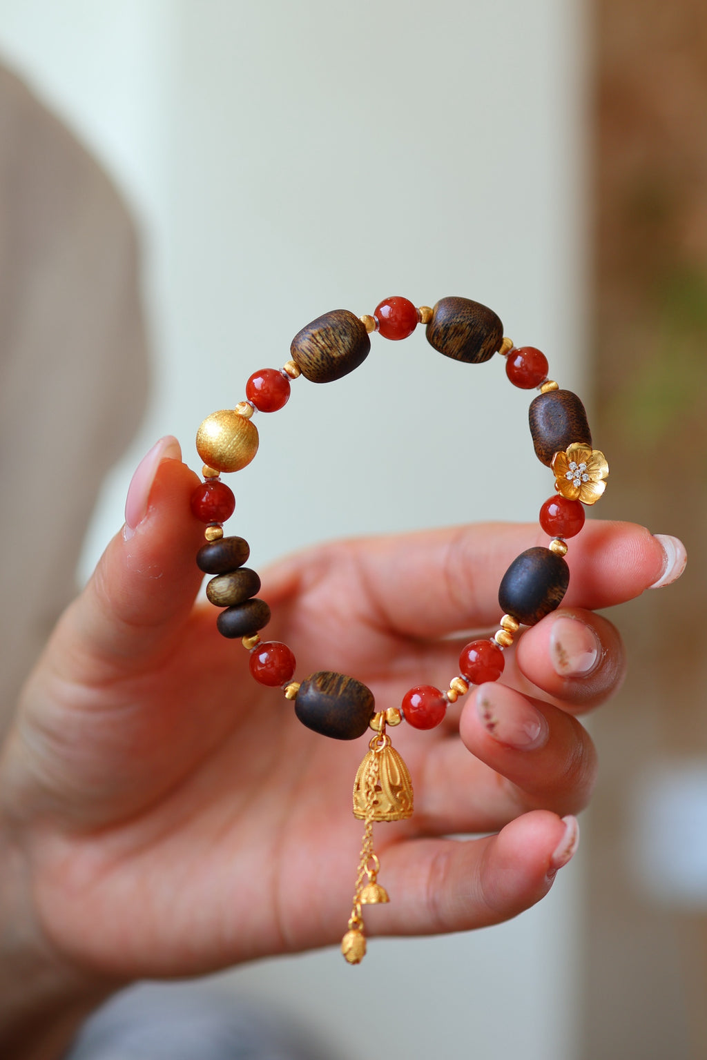 Kynam Agarwood & South Red Agate Bracelet Set, Plum Blossom Charm