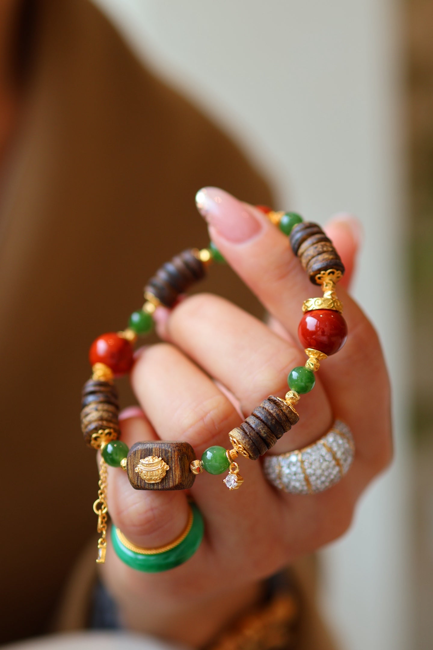 Kynam Agarwood Bracelet, South Red Agate & Green Jade, Treasure Bowl Charm