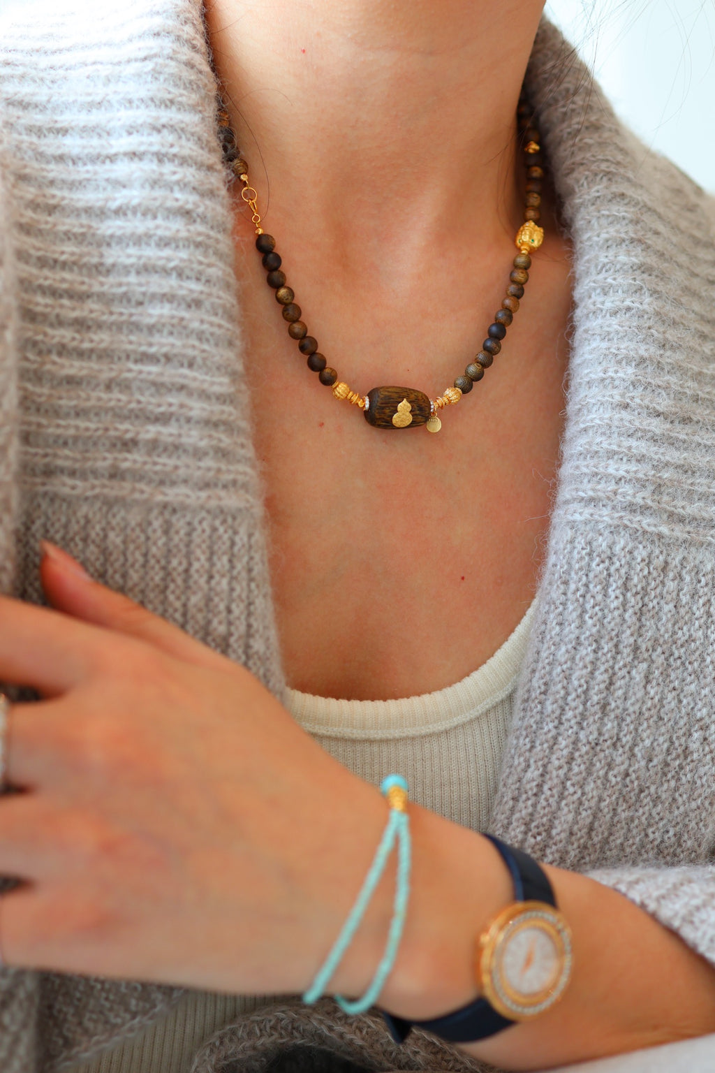 Kynam Agarwood Necklace, Turquoise & Turtle Charms, 60 cm, Detachable