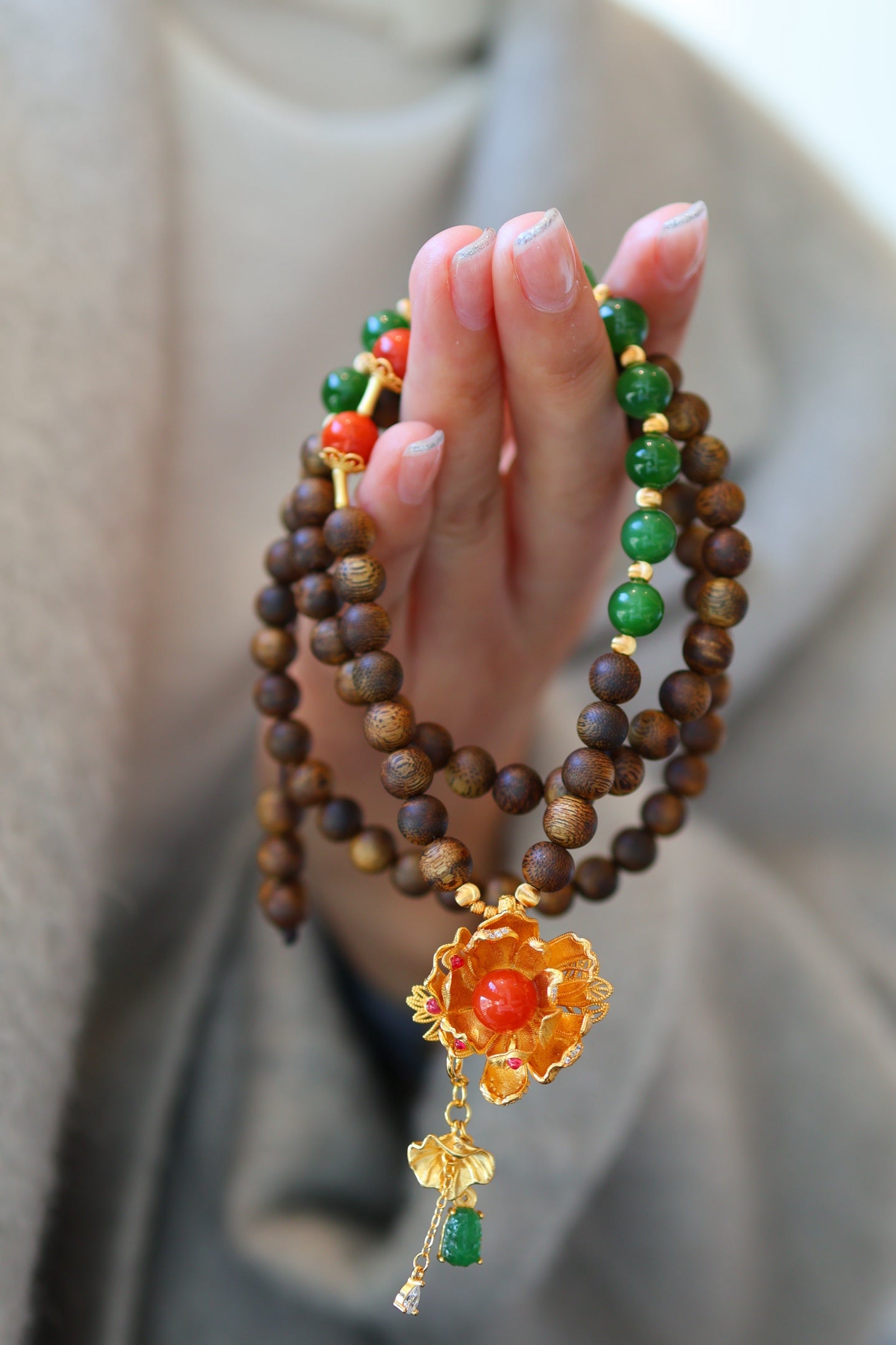 Kynam Agarwood Necklace, Jade, South Red Agate & Lotus Pendant