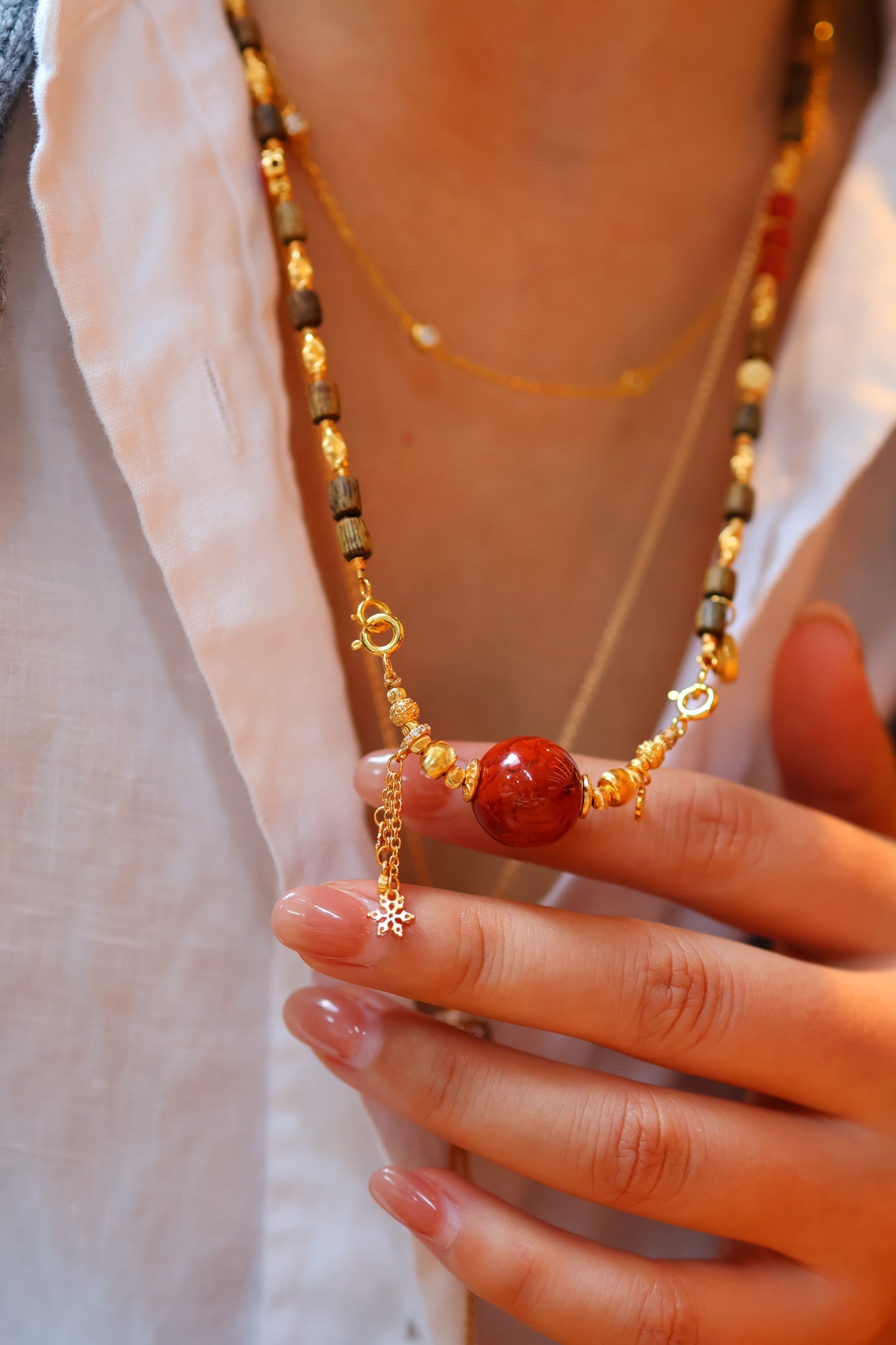 Kynam Agarwood Necklace, South Red Agate, Flame Focal, 56 cm