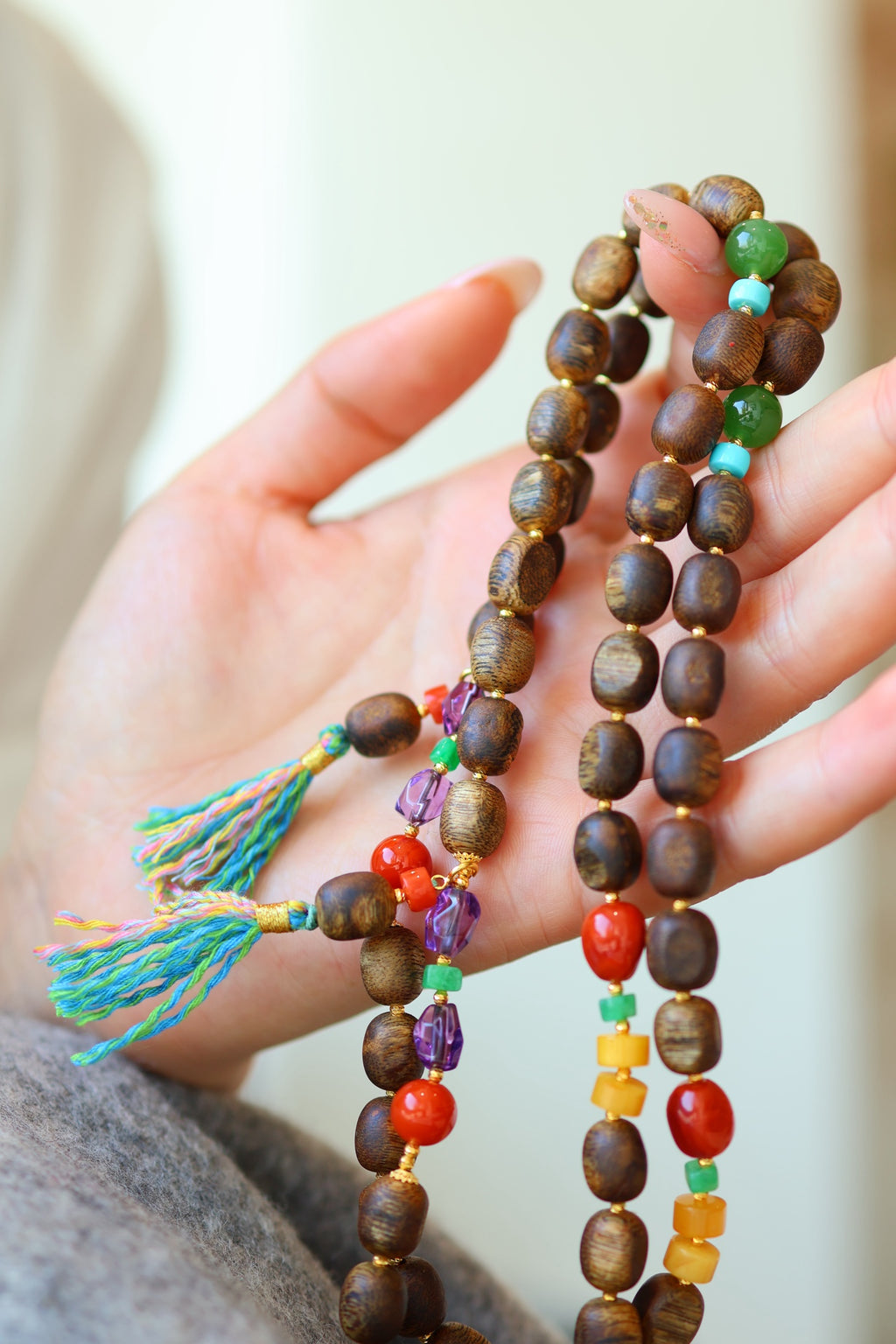 Kynam Agarwood Bracelet, Worm-Bore Beads, Five-Stone Accent & Tassel
