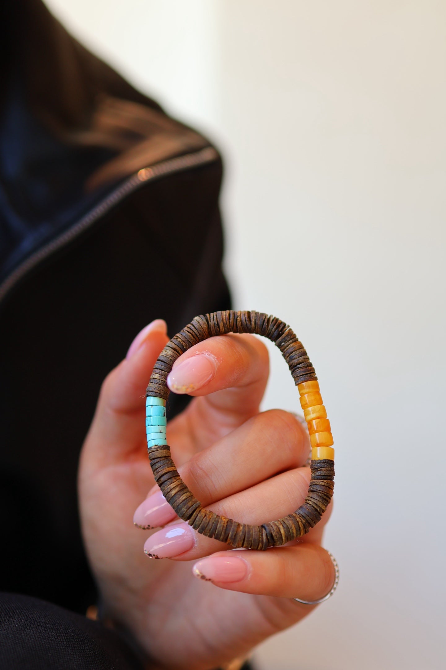 Kynam Agarwood Bracelet, Sky-Blue Turquoise & Beeswax Amber, 6.5mm