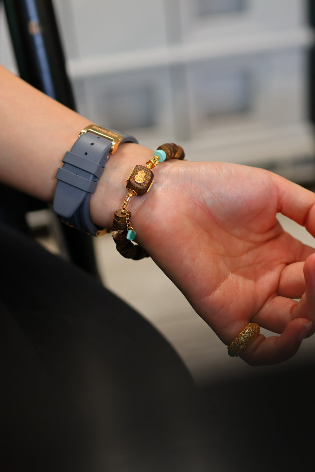 Kynam Agarwood Bracelet, Carved Focal Cube & Sky-Blue Turquoise