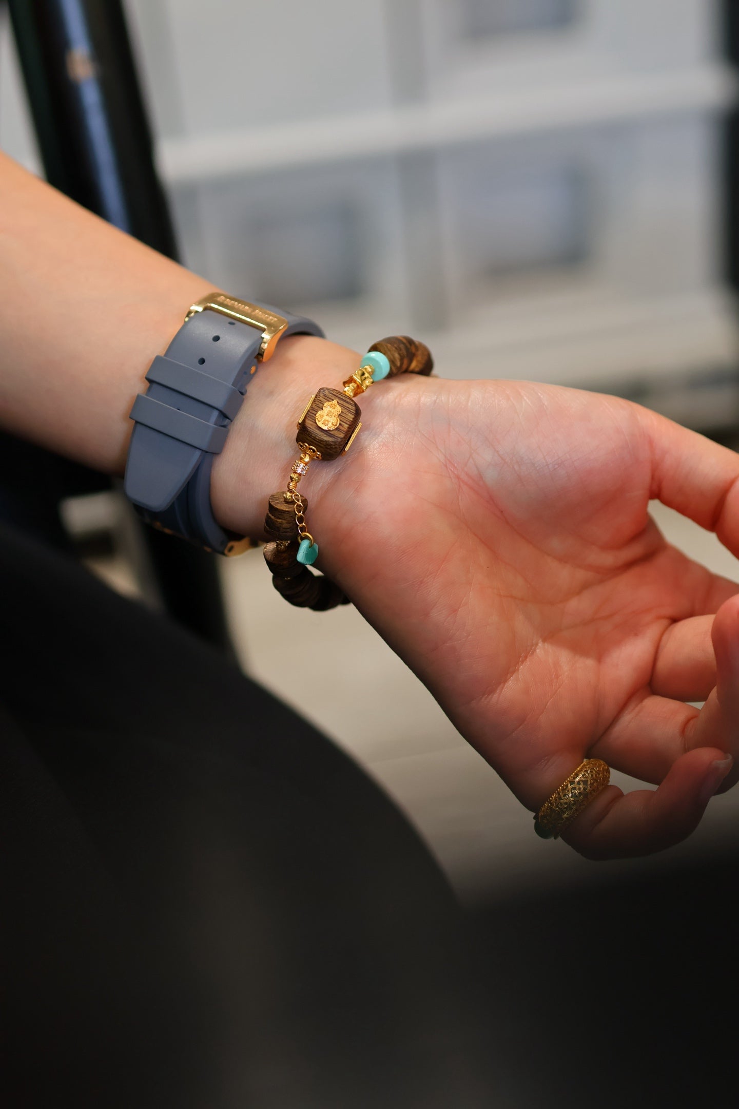 Kynam Agarwood Bracelet, Carved Focal Cube & Sky-Blue Turquoise