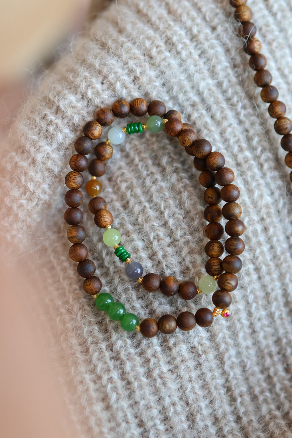Kynam Agarwood Wrap Bracelet, Jadeite Accents, 6mm