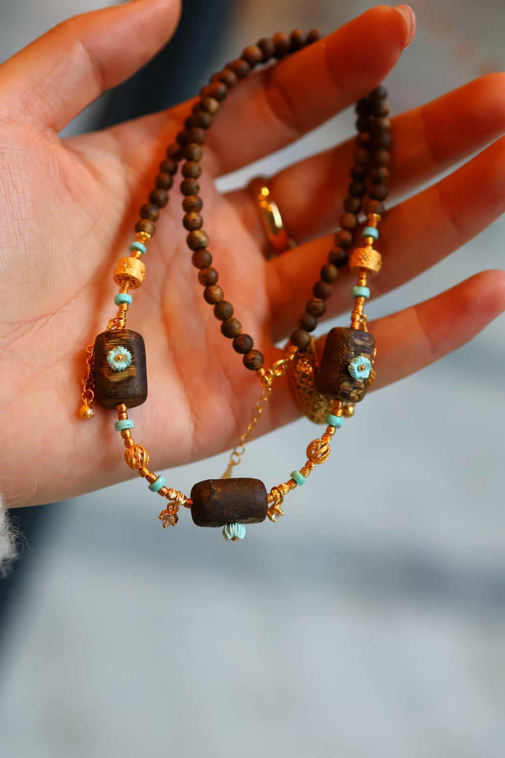 Kynam Agarwood Necklace, Sky-Blue Turquoise & Carved Flower Drops, 4.5mm, 45cm
