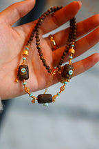 Kynam Agarwood Necklace, Sky-Blue Turquoise & Carved Flower Drops, 4.5mm, 45cm
