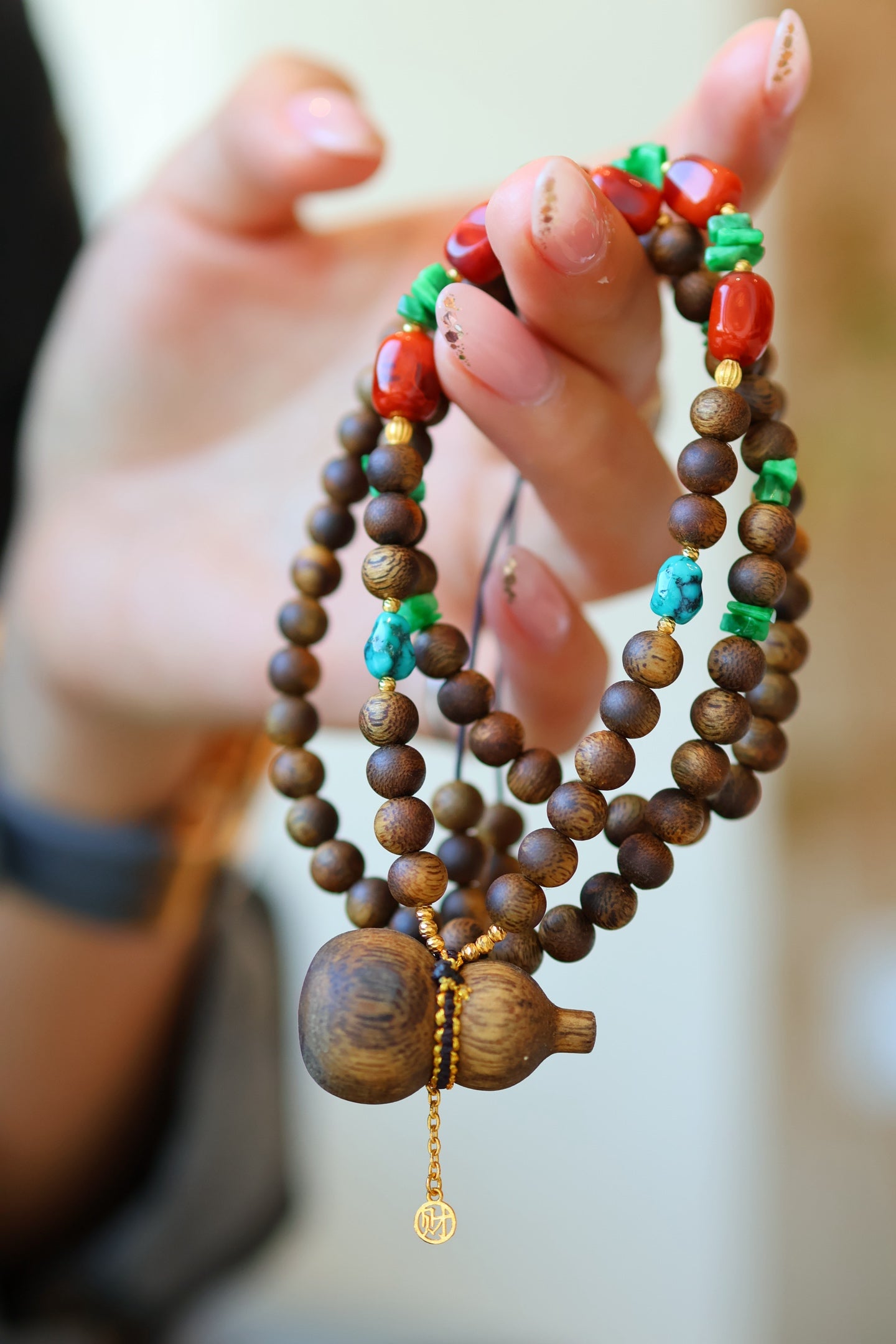 Kynam Agarwood Necklace, Carved Gourd Pendant, South Red & Jadeite