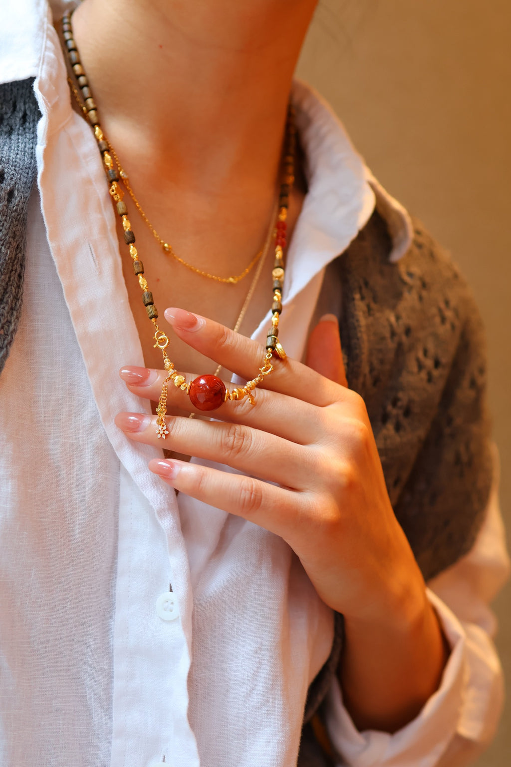 Kynam Agarwood Necklace, South Red Agate, Flame Focal, 56 cm