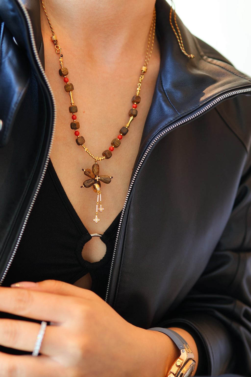 Kynam Agarwood Necklace, Red Coral & Flower Pendant, Handmade Cord