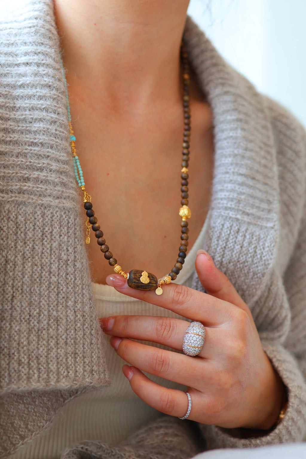 Kynam Agarwood Necklace, Turquoise & Turtle Charms, 60 cm, Detachable