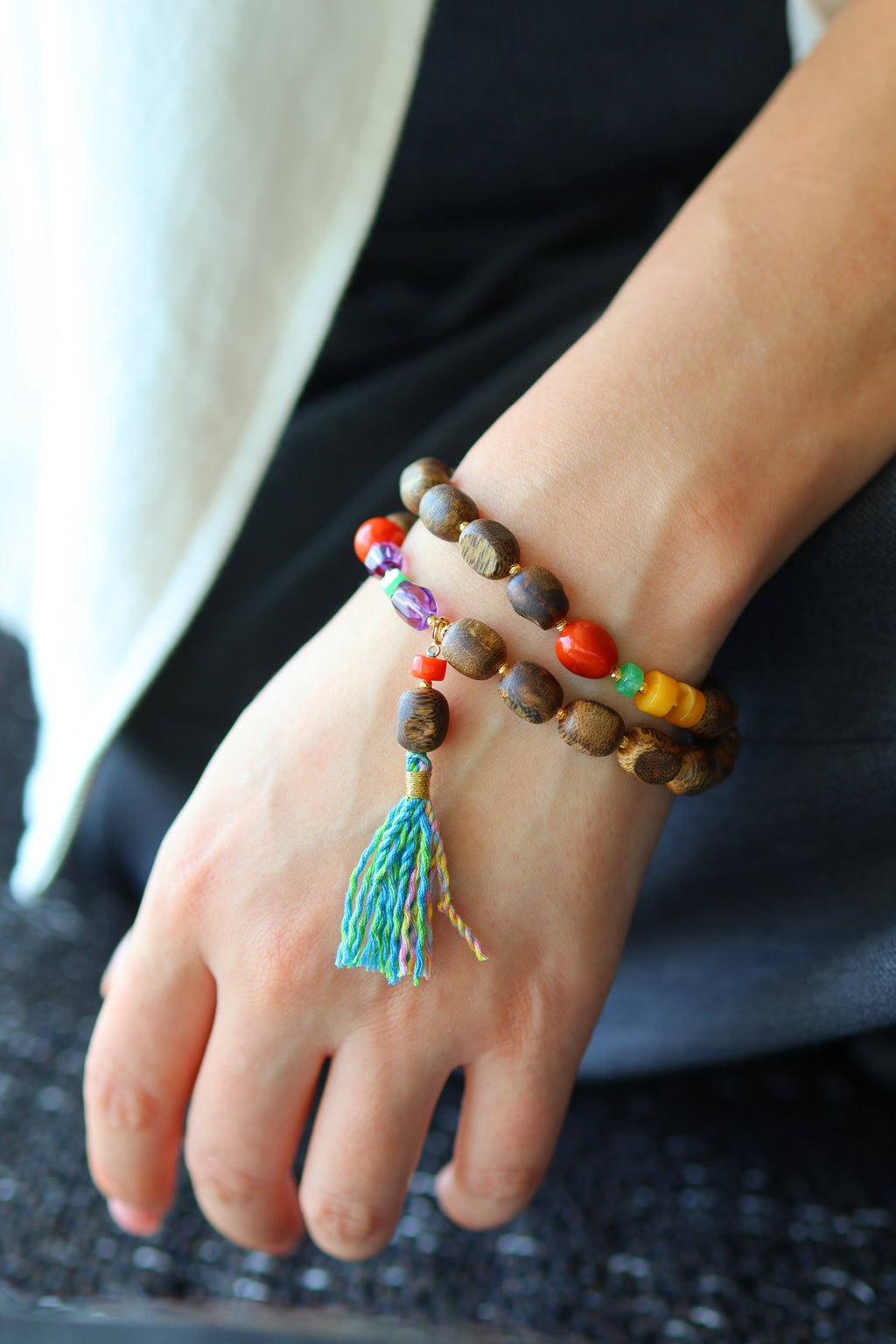 Kynam Agarwood Bracelet, Worm-Bore Beads, Five-Stone Accent & Tassel
