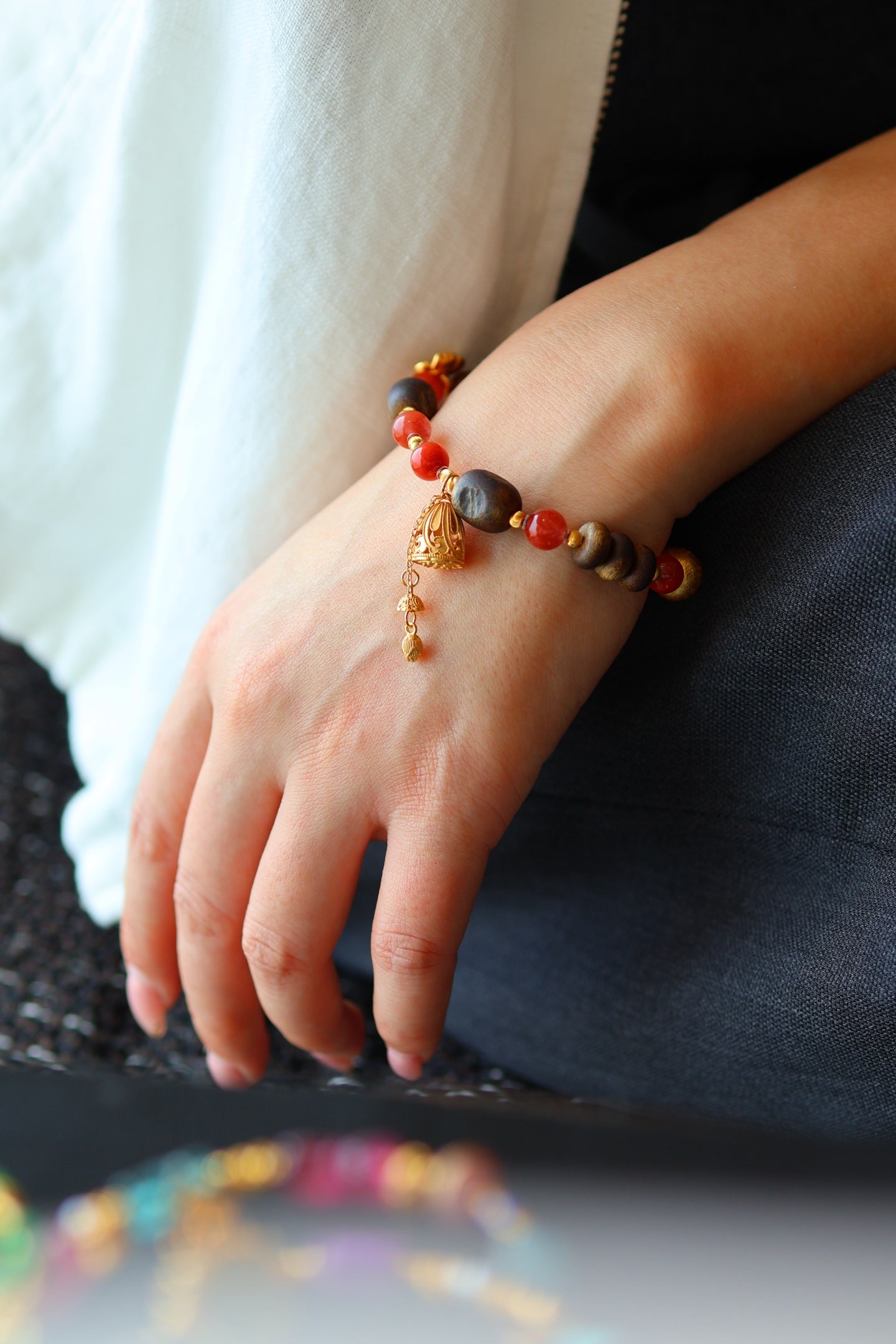 Kynam Agarwood & South Red Agate Bracelet Set, Plum Blossom Charm