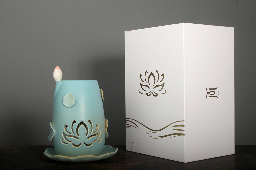 Lotus Ceramic Incense Warmer, Celadon Glaze with Candle Heating
