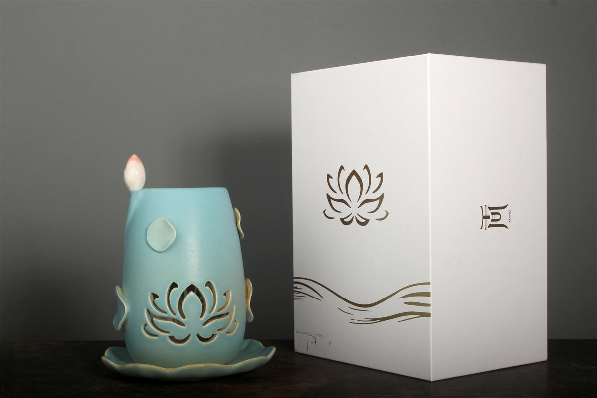 Lotus Ceramic Incense Warmer, Celadon Glaze with Candle Heating