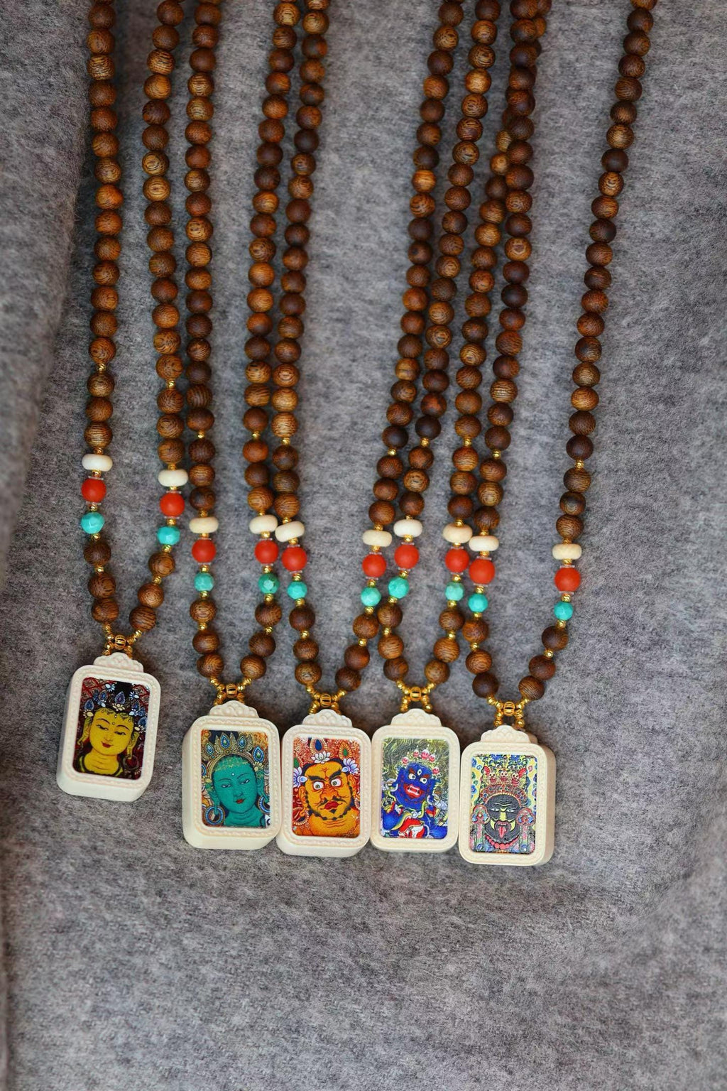 Kynam Agarwood Thangka Guardian Necklace, Turquoise & South Red
